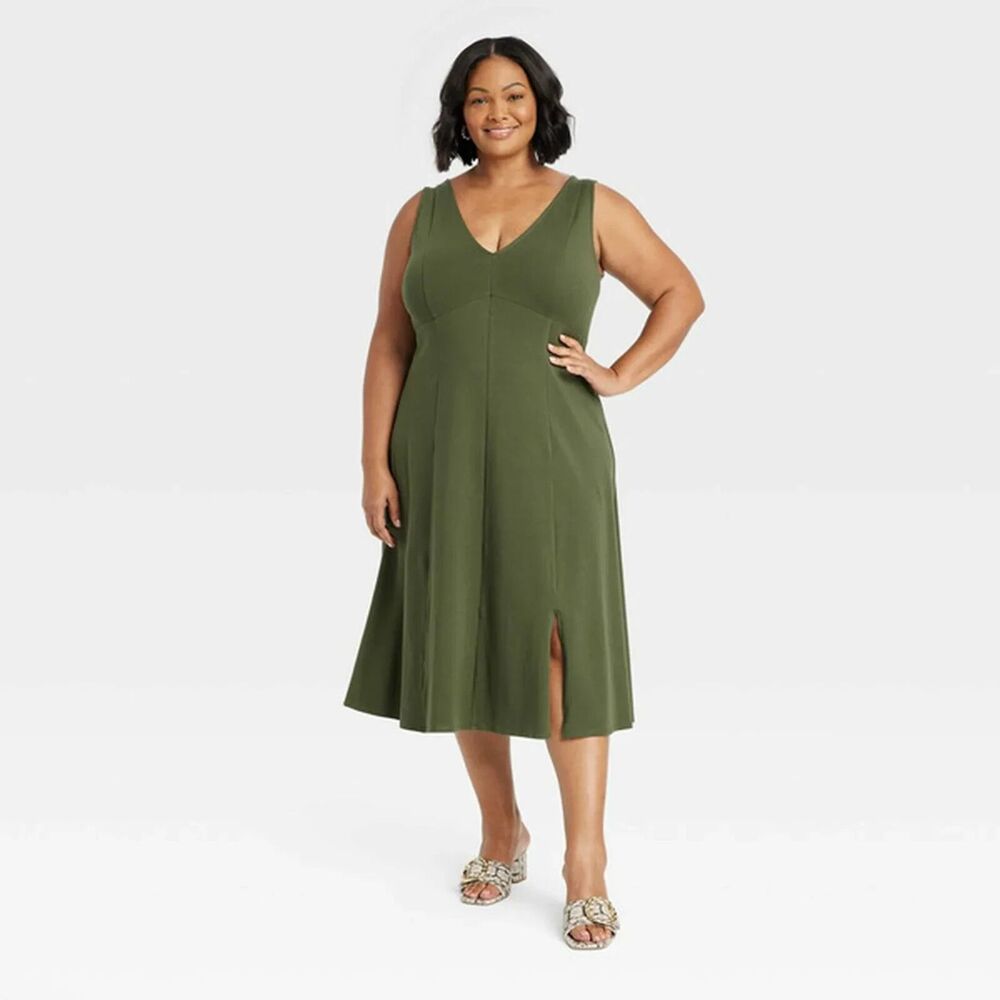 Ava & Viv Women's Midi Slit A-Line Dress Olive Green - Size 4X - NEW